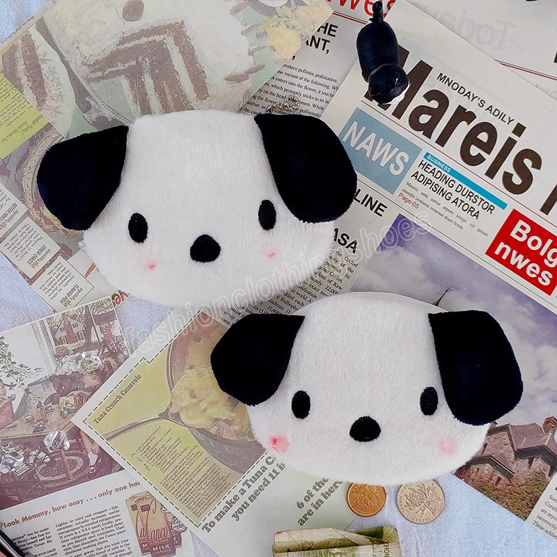 Cartoon Cute Dog Face Coin Purse Case Mini Children Coin Bags Soft Plush Black And White Puppy Purses With Zipper