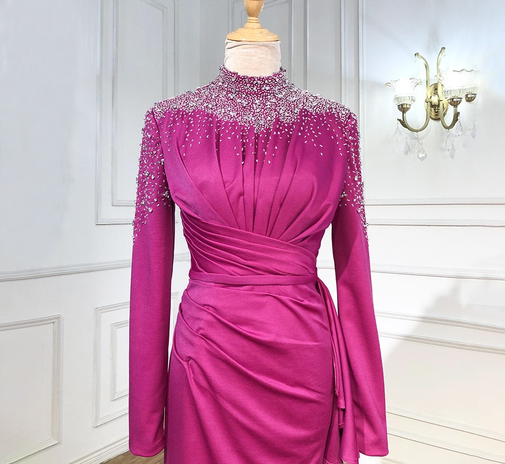 Muslim Fuschia Mermaid Evening Dress 2023 High Neck Beaded Long Sleeves Floor Length Women Prom Party Gowns Abendkleider Robes de Soiree