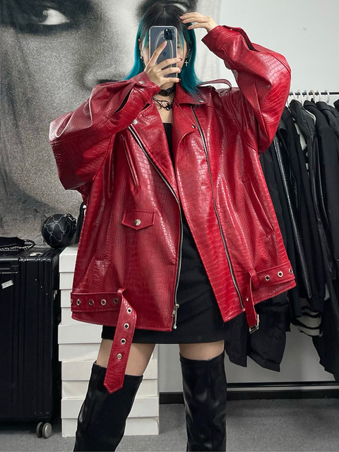 Women s Jackets Lautaro Spring Autumn Oversized Red Shiny Pattern Leather Biker Jacket Women Long Sleeve Zipper Belt Cool Fashion 221130