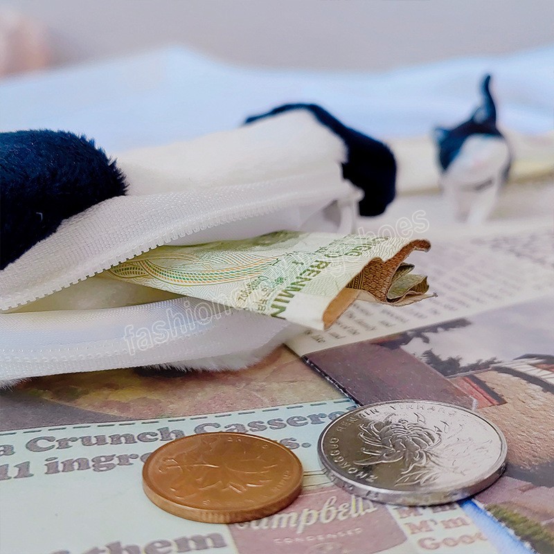 Cartoon Cute Dog Face Coin Purse Case Mini Children Coin Bags Soft Plush Black And White Puppy Purses With Zipper