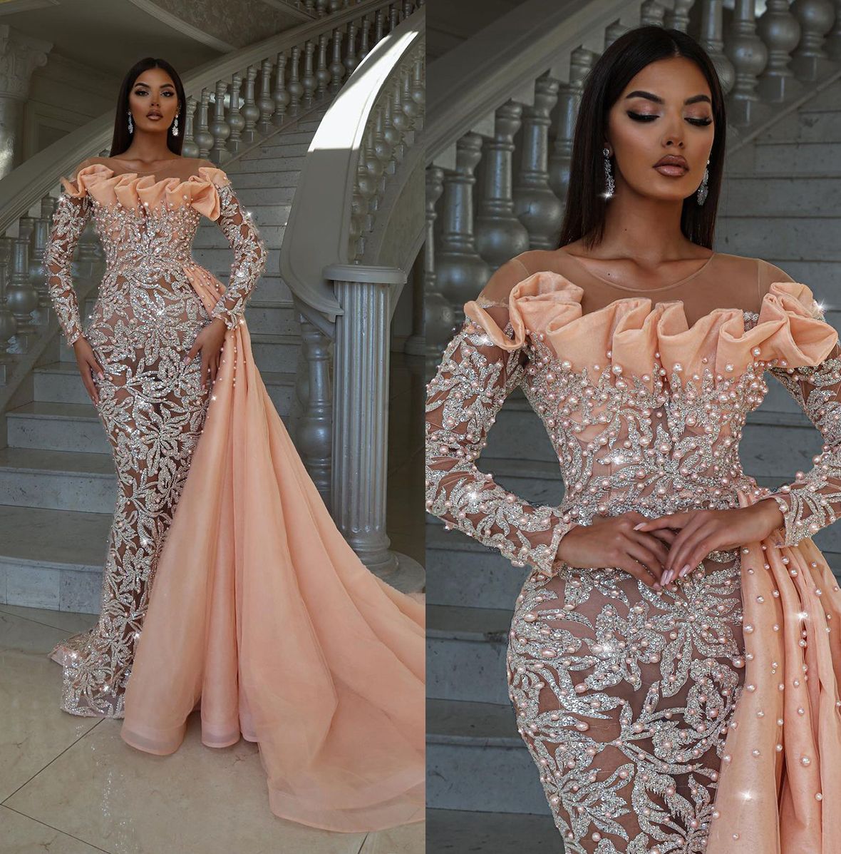 Luxurious Mermaid Prom Dresses Pearls Sheer Neck Jewel Party Dresses Ruffles llusion Lace with Train Custom Made Evening Dress, Light purple
Luxurious Mermaid Prom Dresses Pearls Sheer Neck Jewel Party Dresses Ruffles llusion Lace with Train Custom Made Evening Dress, Light purple