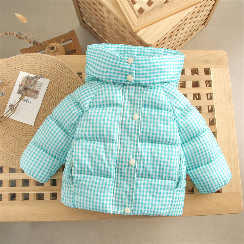 Down Coat 1 6 Years Winter Boy Plaid Turtleneck Hooded Padded Jacket Fashion Plus Thick Cotton Girl Children Casual Warm Outerwear 221130 - view 4