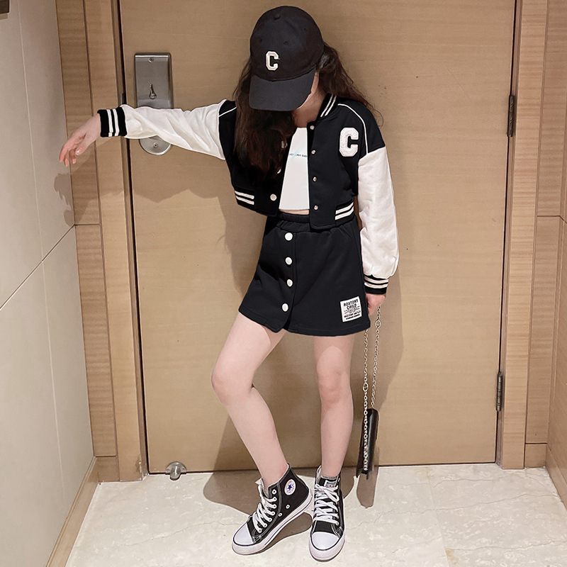Clothing Sets Brown Baseball Girls Teenager Patchwork Button Black Crop Top Coats A line Skirt Set Varsity Bomber Jacket School Tracksuit 221130