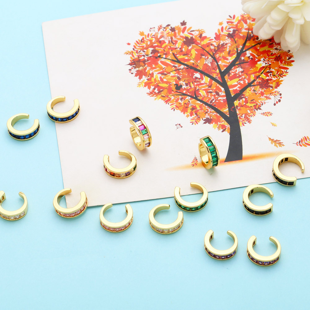 Hip Hop Hoop Earrings Bling Colorful Zircon Dangle Earrings No Piercing Ear Clips Gold Plated Jewelry