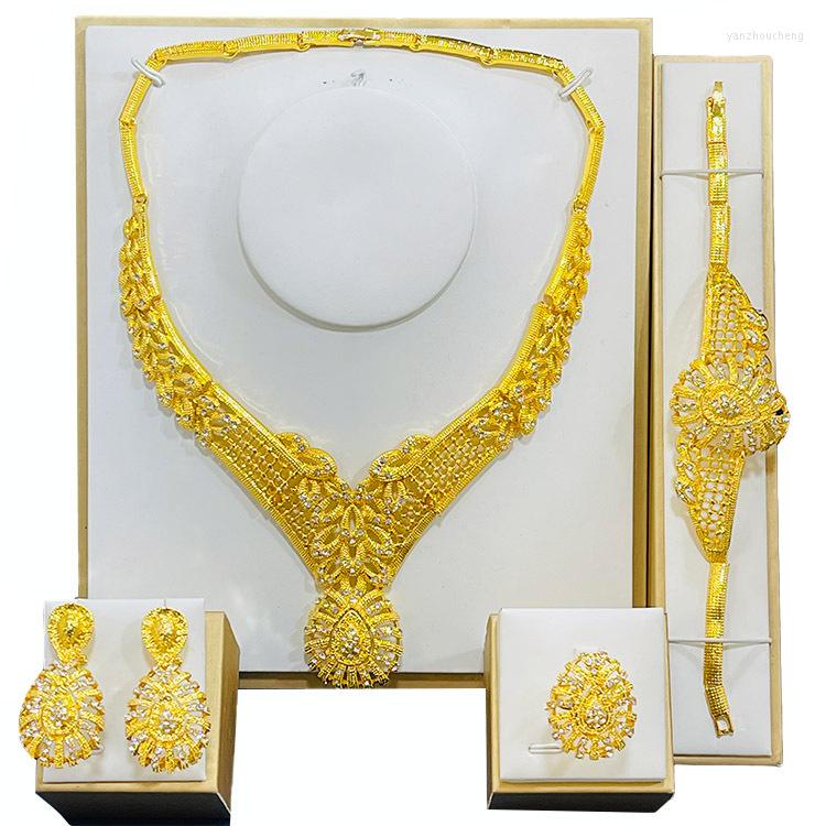 Necklace Earrings Set 24K Gold Waterdrop Full Diamond Bridal Wedding Ring Bracelet Jewelry Original Dubai, Picture shown
Necklace Earrings Set 24K Gold Waterdrop Full Diamond Bridal Wedding Ring Bracelet Jewelry Original Dubai, Picture shown