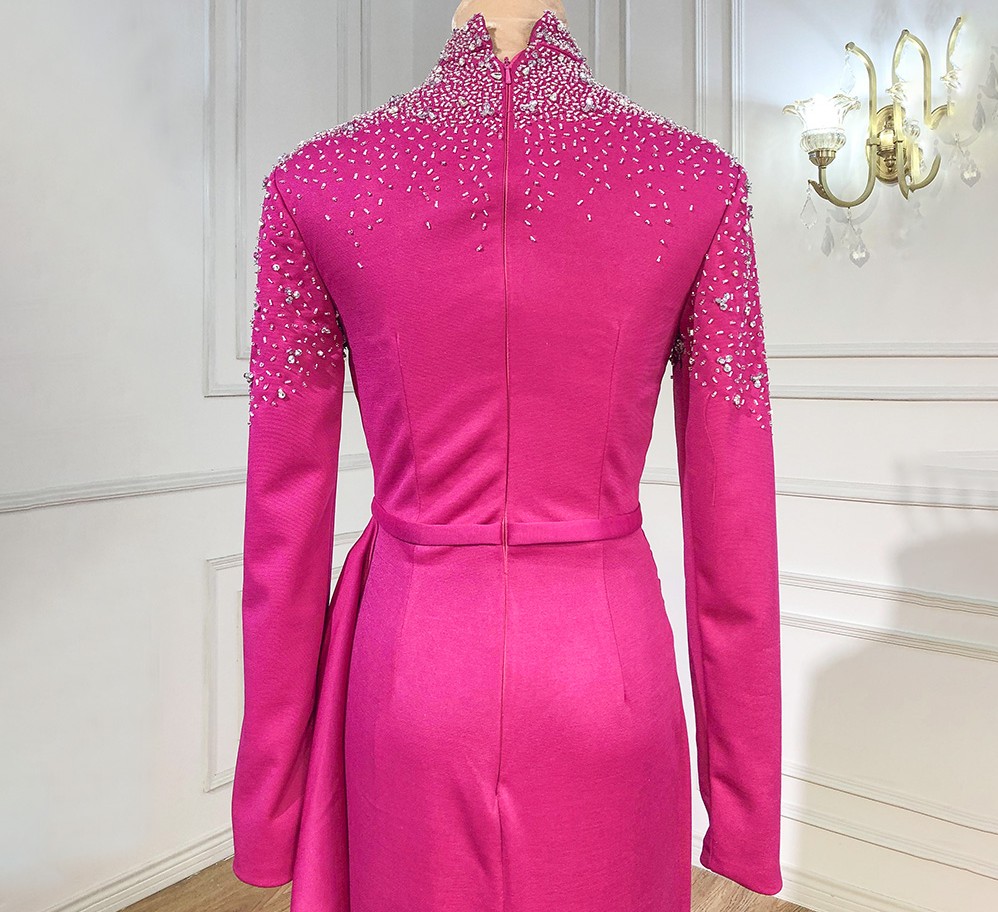 Muslim Fuschia Mermaid Evening Dress 2023 High Neck Beaded Long Sleeves Floor Length Women Prom Party Gowns Abendkleider Robes de Soiree