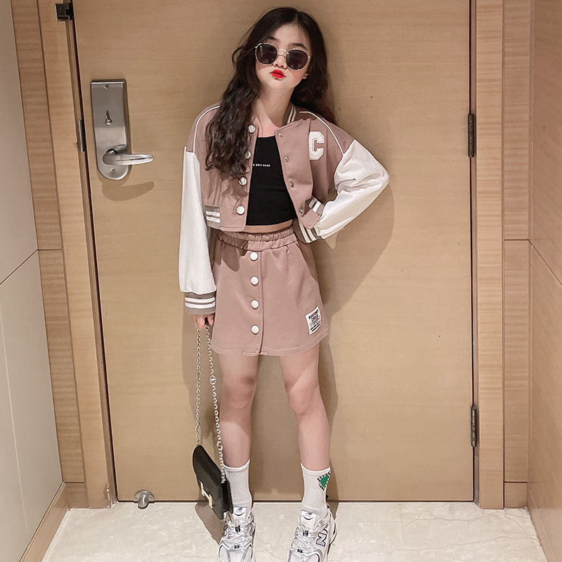 Clothing Sets Brown Baseball Girls Teenager Patchwork Button Black Crop Top Coats A line Skirt Set Varsity Bomber Jacket School Tracksuit 221130