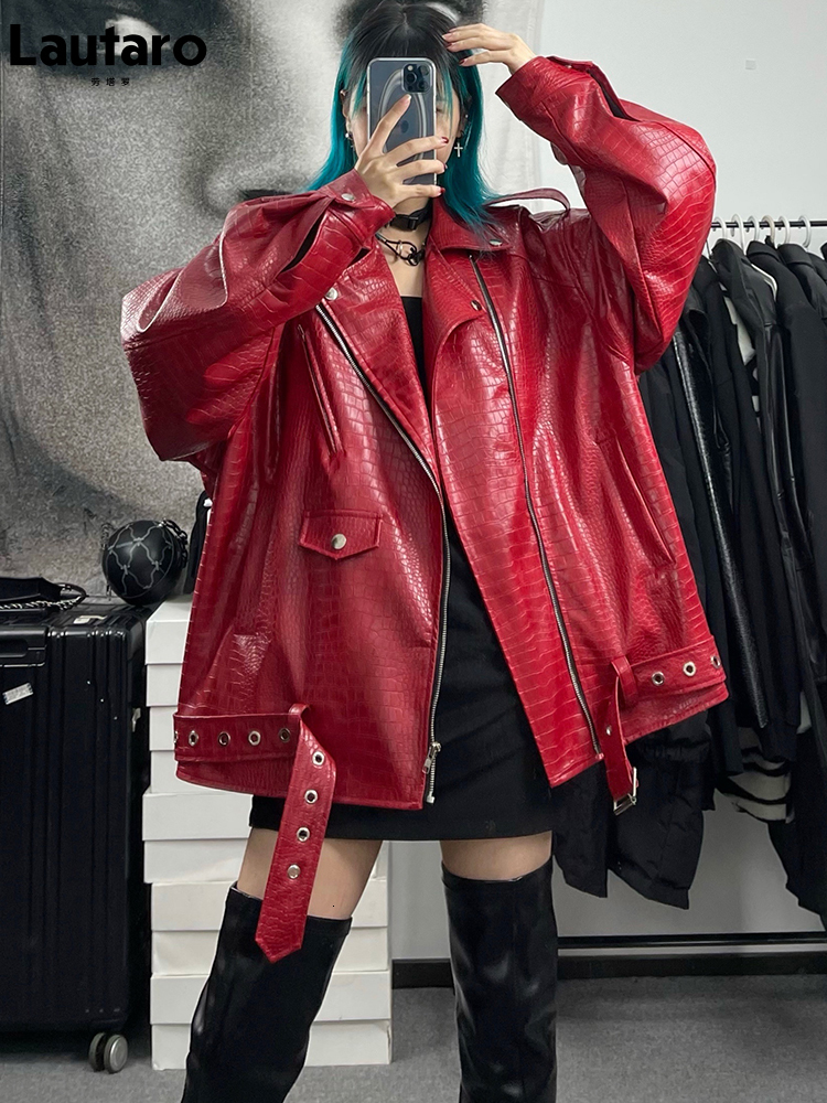 Women s Jackets Lautaro Spring Autumn Oversized Red Shiny Pattern Leather Biker Jacket Women Long Sleeve Zipper Belt Cool Fashion 221130