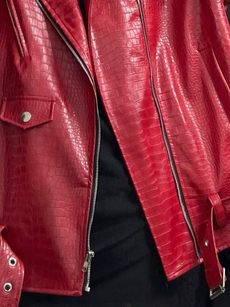 Women s Jackets Lautaro Spring Autumn Oversized Red Shiny Pattern Leather Biker Jacket Women Long Sleeve Zipper Belt Cool Fashion 221130
