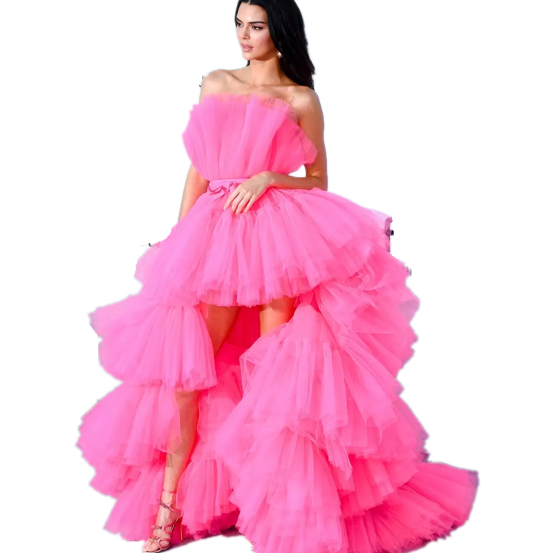 Kendall Jenner Fuchsia Pink High Low Prom Dresses Strapless Tiered Tulle Evening Celebrity Dress 2023 Luxury Puffy Long Pageant Dress For Women