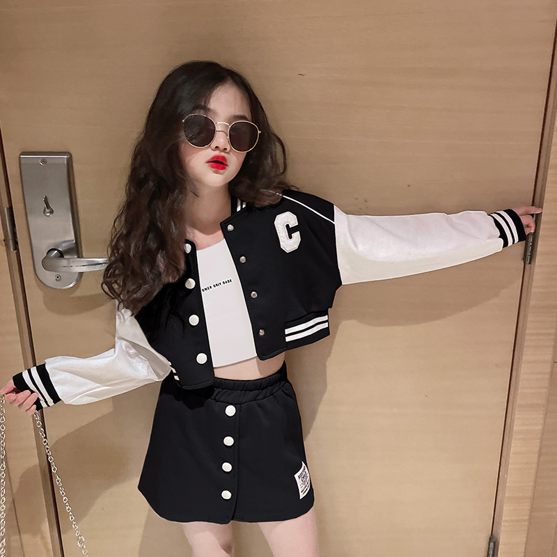 Clothing Sets Brown Baseball Girls Teenager Patchwork Button Black Crop Top Coats A line Skirt Set Varsity Bomber Jacket School Tracksuit 221130