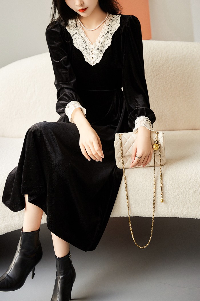 Runway Dresses Dress Autumn and winter European American style long sleeve V-neck fashionable foreign style casual temperament gold velvet skirt, Black
Runway Dresses Dress Autumn and winter European American style long sleeve V-neck fashionable foreign style casual temperament gold velvet skirt, Black