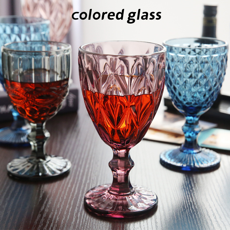 Wholesale 240ml 300ml 4 colors European type relief colored glass wine glasses thickened tall vintage wine ware
Wholesale 240ml 300ml 4 colors European type relief colored glass wine glasses thickened tall vintage wine ware