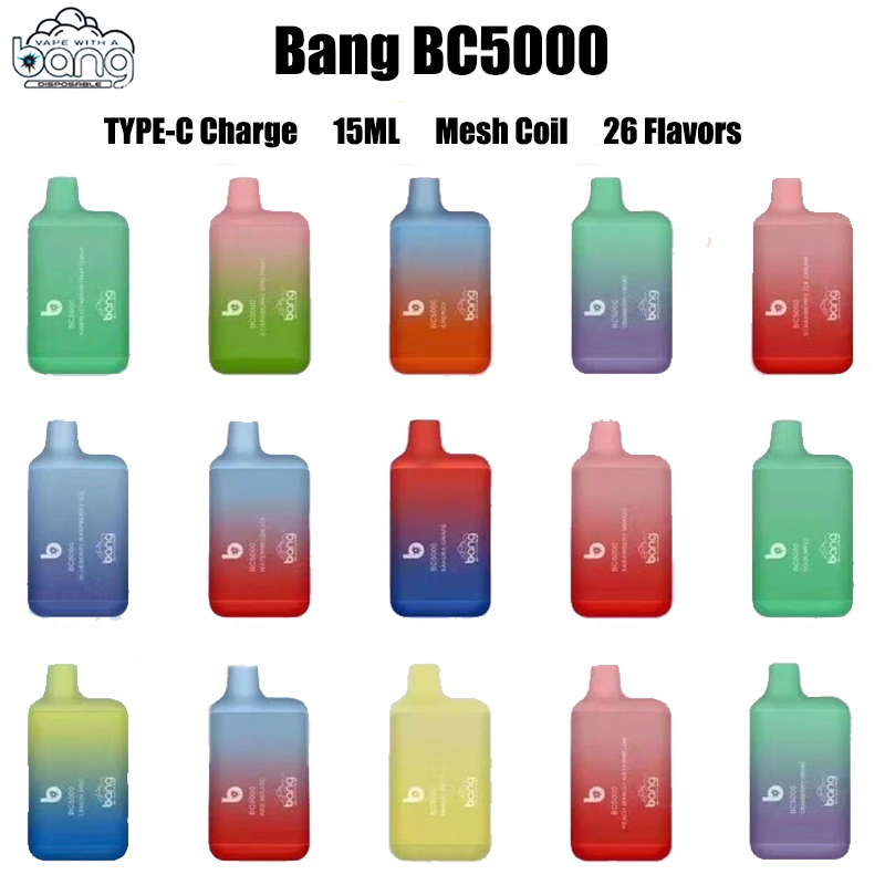 Bang BC5000 Disposable vape pen Device E Cigarettes Kit 650mah 15ml per-filled cartridges pod 26 flavors Vaporizers Recharge battery Kit 0% 5%
Bang BC5000 Disposable vape pen Device E Cigarettes Kit 650mah 15ml per-filled cartridges pod 26 flavors Vaporizers Recharge battery Kit 0% 5%