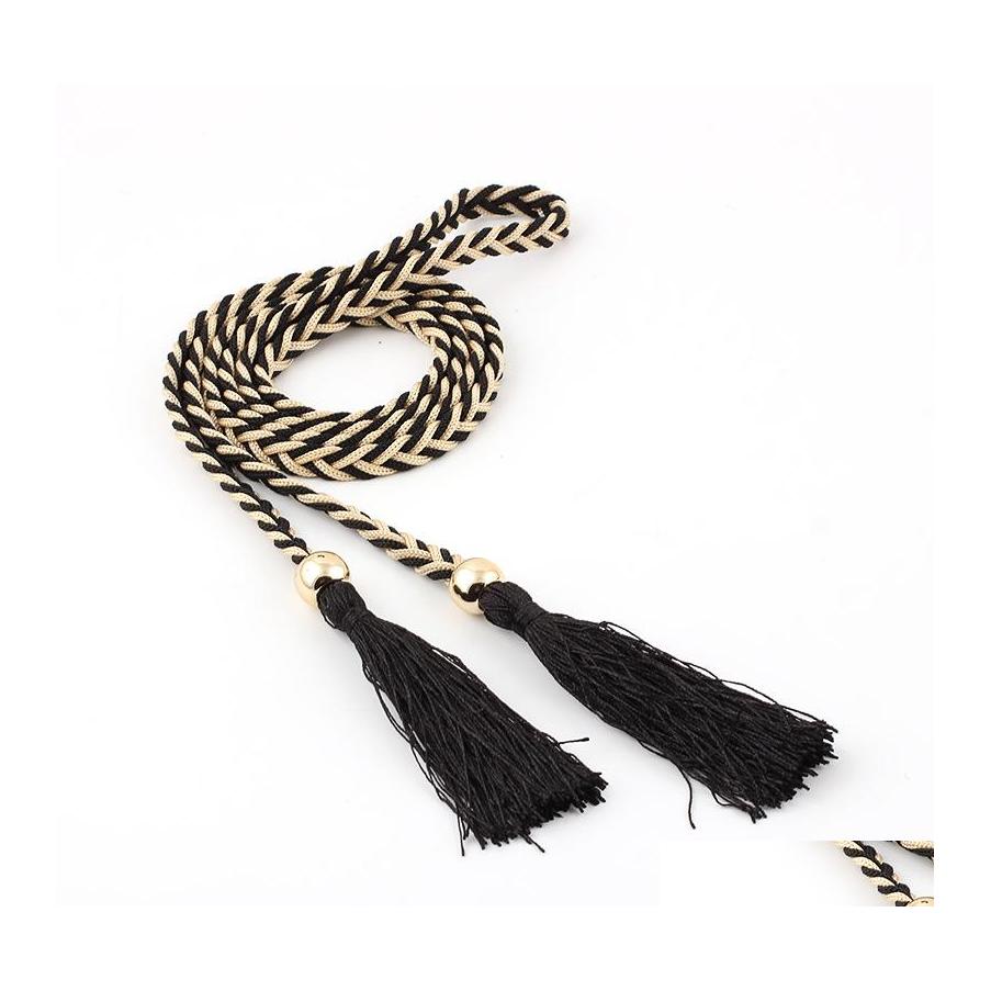 Belts Womens Woven Decorative Waist Rope Belt Ethnic Wind Knot Tassels Dress Chain Drop Delivery Fashion Accessories Belts Dhnop, Black
Belts Womens Woven Decorative Waist Rope Belt Ethnic Wind Knot Tassels Dress Chain Drop Delivery Fashion Accessories Belts Dhnop, Black