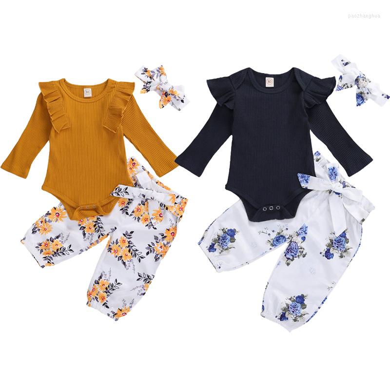Clothing Sets Baby Girls Clothes Toddler Long Sleeve Solid Tops Ruffle Floral Print Pants Headband Spring Child Girl Born Set