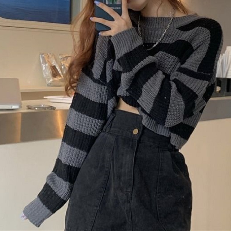 Women's Sweaters Deeptown Korean Style Striped Cropped Sweater Women Vintage Oversize Knit Jumper Female Autumn Long Sleeve O-neck Pullovers Tops 221201, White
Women's Sweaters Deeptown Korean Style Striped Cropped Sweater Women Vintage Oversize Knit Jumper Female Autumn Long Sleeve O-neck Pullovers Tops 221201, White