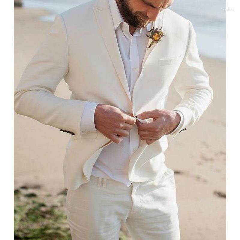 Men's Suits Beige Linen Groom Tuxedo For Wedding Beach Party Summer Men Casual Peaked Lapel Custom 2 Piece Male Coat With Pants 2022