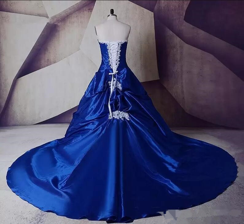 Royal Blue with White Satin a-line Wedding Dresses Vintage Applique Chapel Train Lace-up Corset Gothic Princess Bridal Gown Plus Size