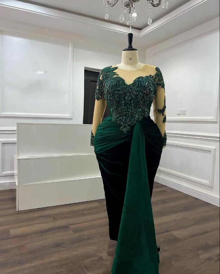 Hunter Green Mermaid Prom Dresses with Long Sleeve Arabic Aso Ebi Luxurious Crystal Beaded Occasion Evening Gown Plus Size