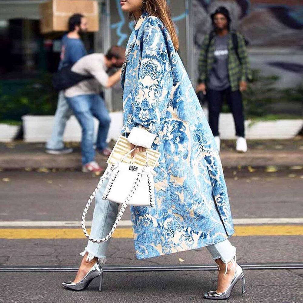 Elegant Autumn Street Lady Long Wool Cardigan Coats Fashion Floral Print Pocket Long-Sleeve Jacket 2022 Winter Women Blend Wools Coat