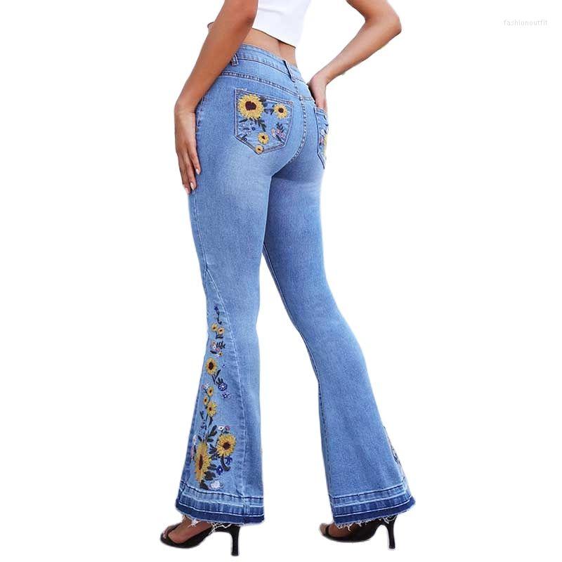 Women' Jeans Trousers Flared Woman Stereo 3D Embroidery Women' Pant Y2k, Blue