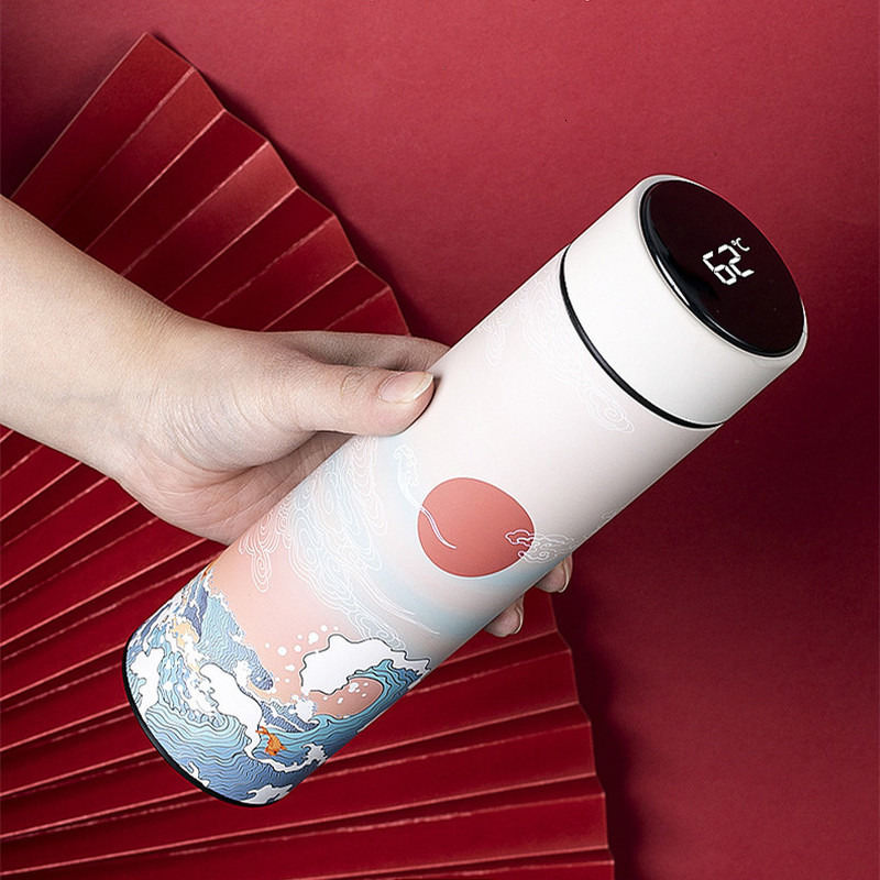 Thermoses 480ML Intelligent Stable Steel Thermos Bottle Temperature Display Water Vacuum Flares Coffee Cup Gifts Chinese Style 221202
