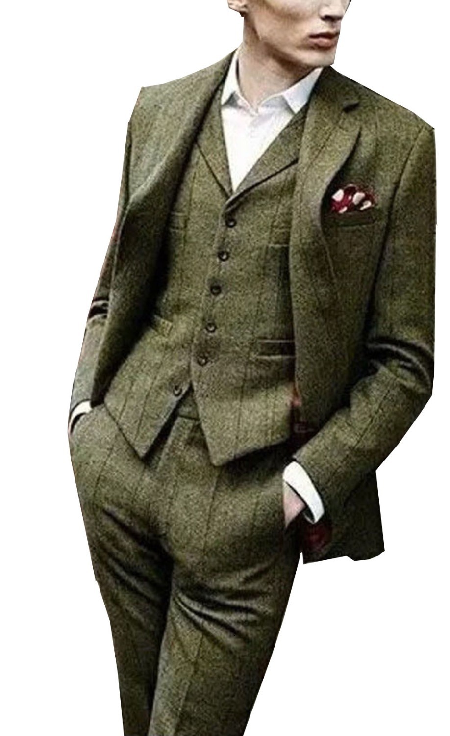 

Men's Suits Blazers Tweed Suit Slim Fit 3 Pieces Windowpane Check Formal Tuxedos Shawl Lapel Blazer vest Pants 221201, Army green