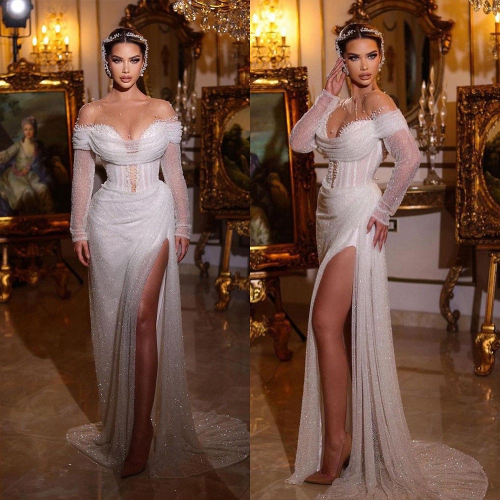 Glamorous Mermaid Wedding Dresses Unique Neckline Design with Beaded Long Sleeves Split Backless Sequined Court Gown Custom Made Plus Size Vestidos De Novia, Champagne
Glamorous Mermaid Wedding Dresses Unique Neckline Design with Beaded Long Sleeves Split Backless Sequined Court Gown Custom Made Plus Size Vestidos De Novia, Champagne