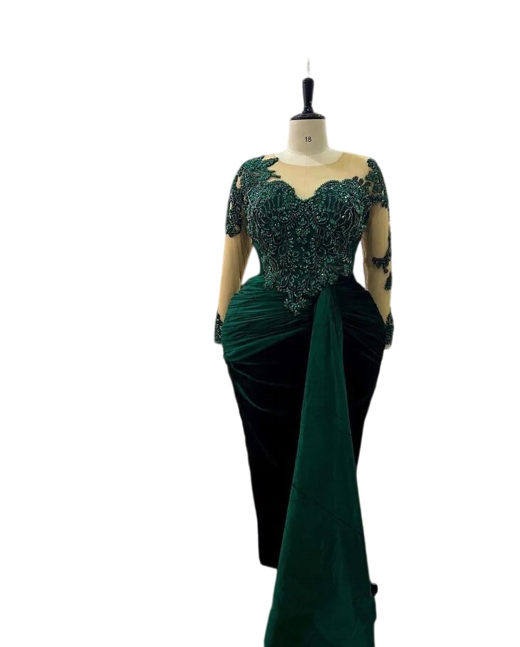 Hunter Green Mermaid Prom Dresses with Long Sleeve Arabic Aso Ebi Luxurious Crystal Beaded Occasion Evening Gown Plus Size