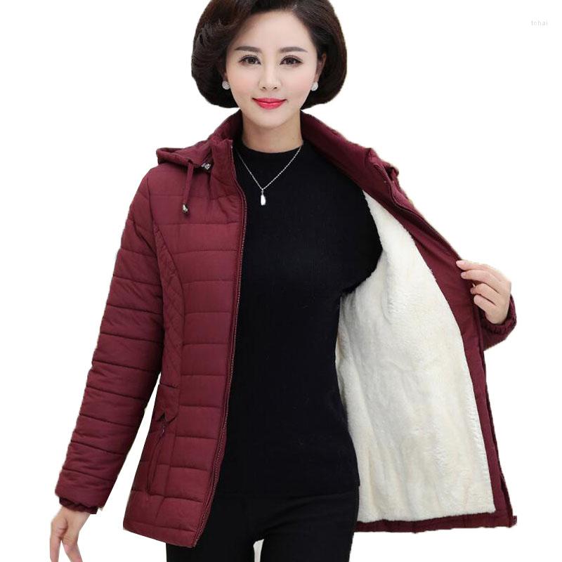 Women's Trench Coats Middle-aged Women's Parkas Basic Jackets Autumn Winter Add Velvet Lamb Hooded Cotton Jacket Womens Mama Overcoat, Black