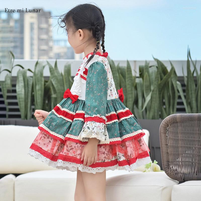 

Girl Dresses Flower Long Sleeves Lace Bow Christmas Dress Spanish Lolita Princess Ball Gowns, Green