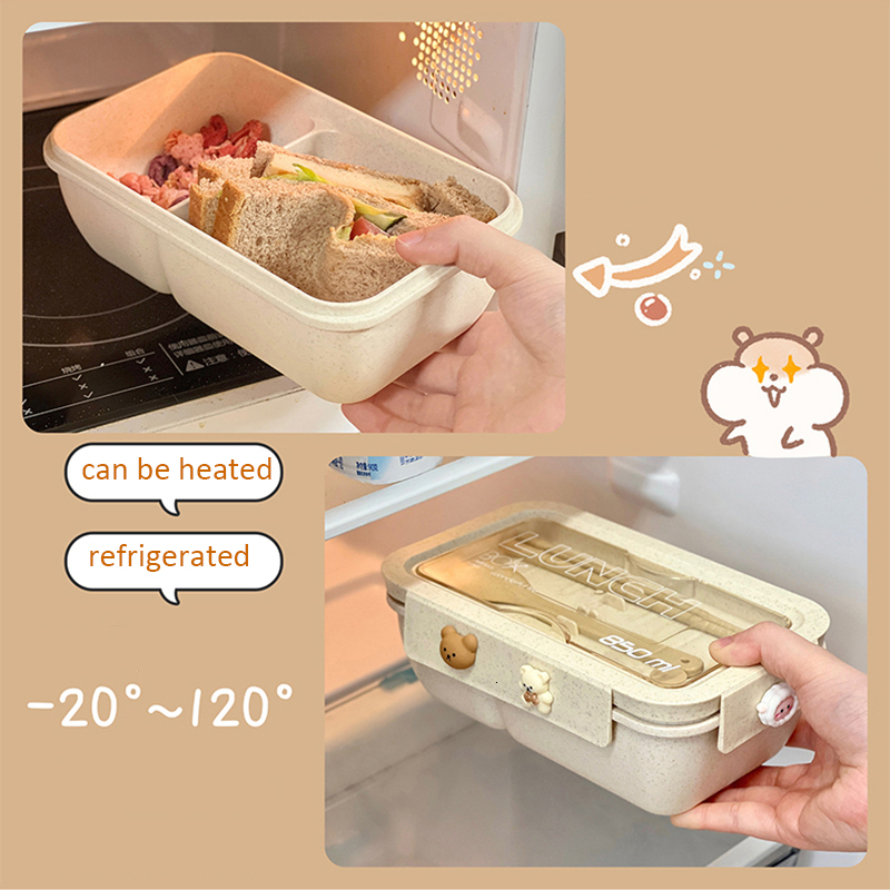 Lunch Boxes Kawaii Lunch Box For Kids School Adults Office Wheat Straw Cute Microwave Picnic Portable Big Bento Box With Spoon Chopsticks 221202