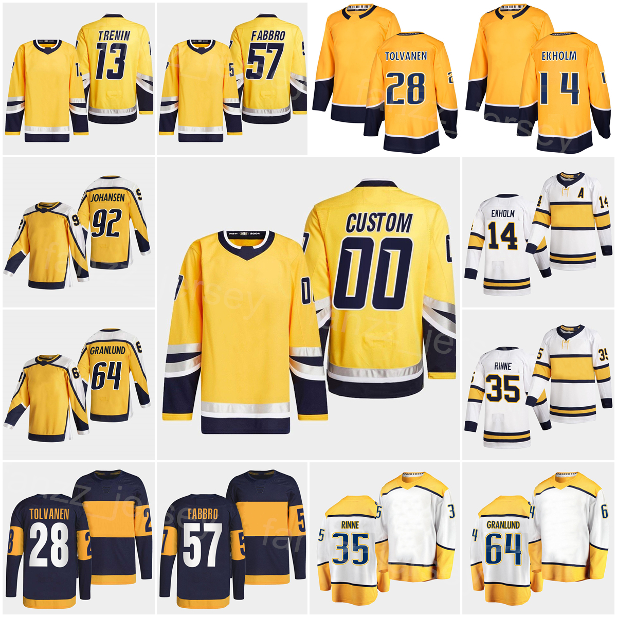 Reverse Retro 2023 Hockey 13 Yakov Trenin Jersey 64 Mikael Granlund 35 Pekka Rinne 92 Ryan Johansen 28 Eeli Tolvanen 14 Mattias Ekholm 57 Dante Fabbro 27 Ryan McDonagh, Yellow
Reverse Retro 2023 Hockey 13 Yakov Trenin Jersey 64 Mikael Granlund 35 Pekka Rinne 92 Ryan Johansen 28 Eeli Tolvanen 14 Mattias Ekholm 57 Dante Fabbro 27 Ryan McDonagh, Yellow