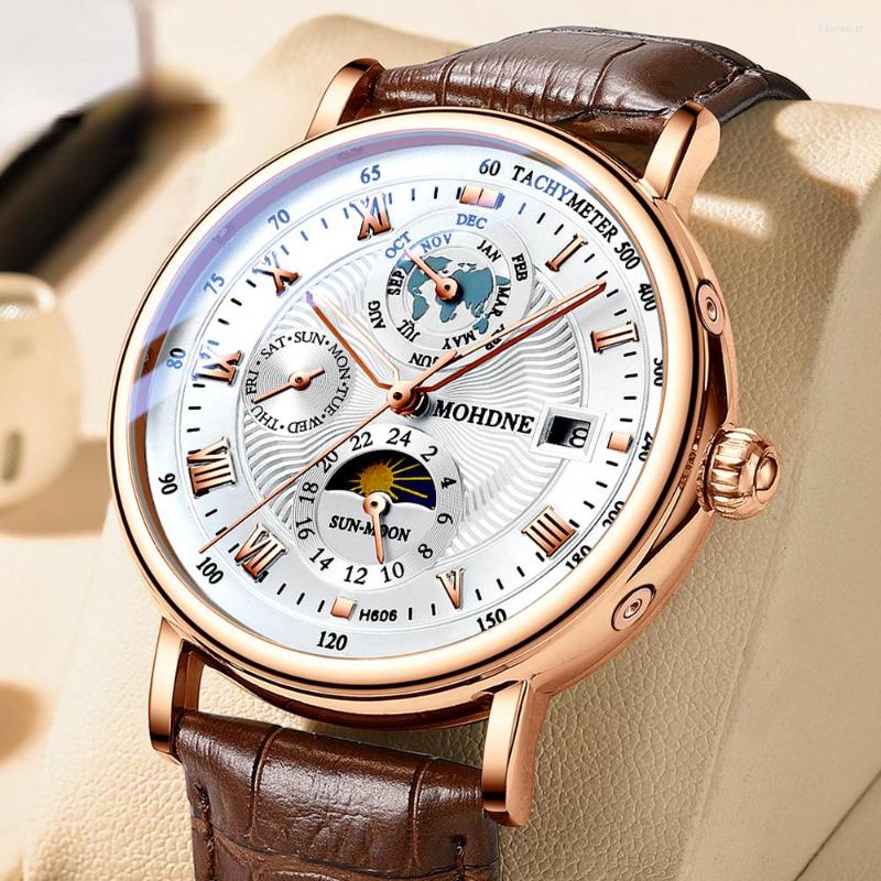 Wristwatches Fashion Watch Men's Mechanical Automatic Tourbillon Moon Phase Week Calendar Waterproof Leather Royal Business
Wristwatches Fashion Watch Men's Mechanical Automatic Tourbillon Moon Phase Week Calendar Waterproof Leather Royal Business