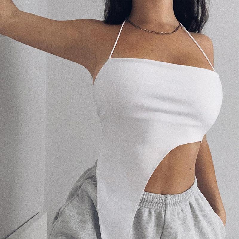 

Women' Tanks 2022 Summer Women' Sexy Halter Asymmetric Camisole Streetwear Slim Fit Ribbed Crop Top, White