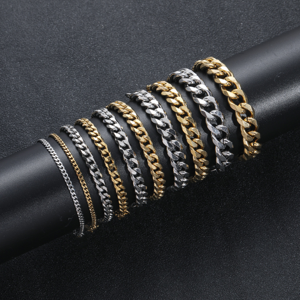 Mens 18K Gold Plated Stainless Steel Bracelets High Polished Six-sided Grind Miami Cuban Link Chain Lobster Buckle Bracelet