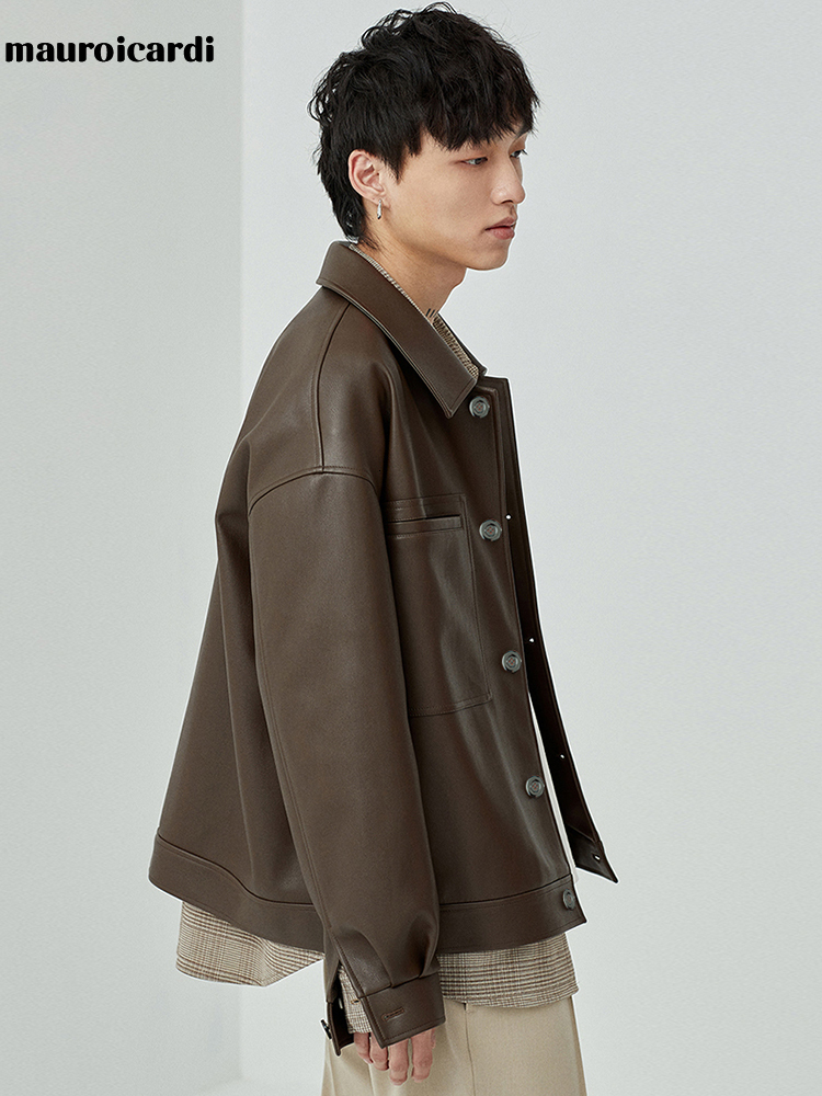 Men's Leather Faux Mauroicardi Spring Autumn Short Oversized Brown Black Soft Jackets for Men Pockets Long Sleeve Korean Fashion 221201