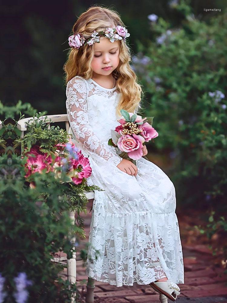 

Girl Dresses Vintage Flower Jewel Neck Long Sleeves White Lace Kids Social Party Dress