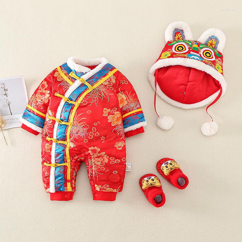 Ethnic Clothing Winter Baby Jumpsuit With Hat Chinese Year Tang Suit Red Kids Warm Thick Cosplay Costumes