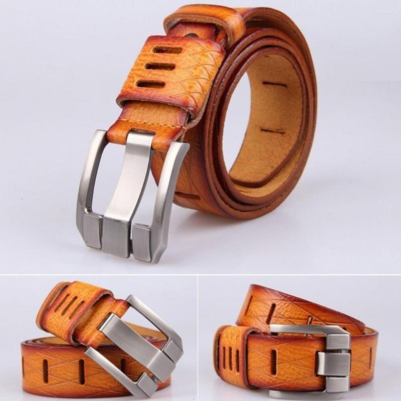 Belts Men's Casual Leather Hollow Design Women Square Buckle Belt, Yellow