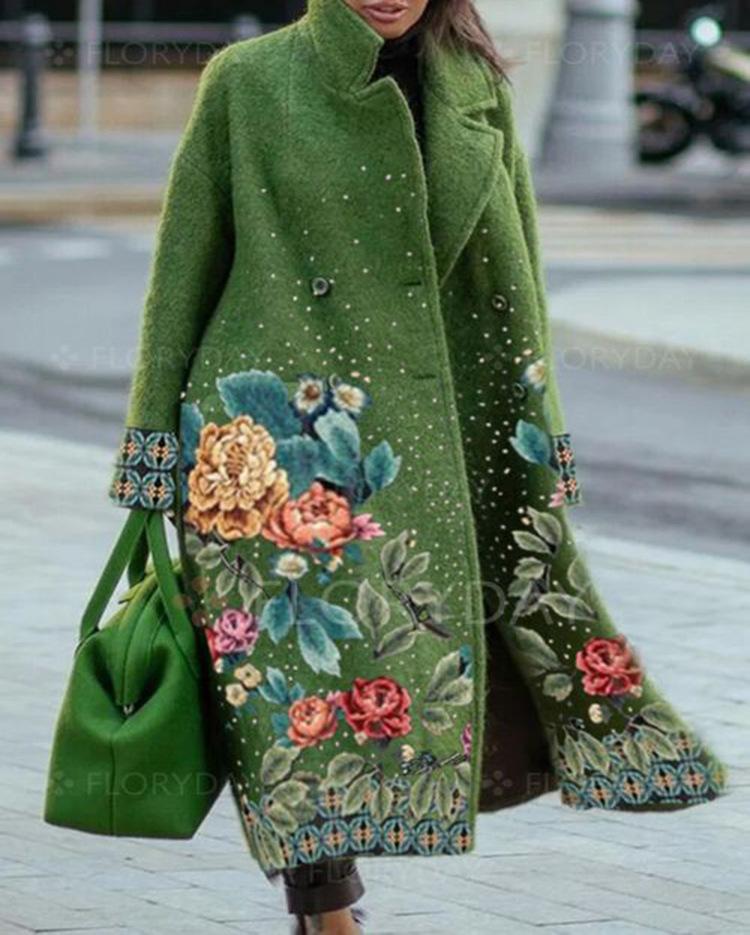 Elegant Autumn Street Lady Long Wool Cardigan Coats Fashion Floral Print Pocket Long-Sleeve Jacket 2022 Winter Women Blend Wools Coat