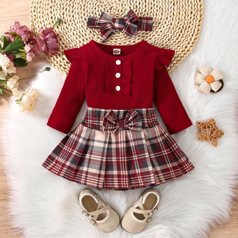 Clothing Sets 3Pcs Baby Girls Outfit Autumn Ribbed Long Sleeve Romper Plaid Pleated Skirt Headband Set For Toddlers, Picture shown
Clothing Sets 3Pcs Baby Girls Outfit Autumn Ribbed Long Sleeve Romper Plaid Pleated Skirt Headband Set For Toddlers, Picture shown