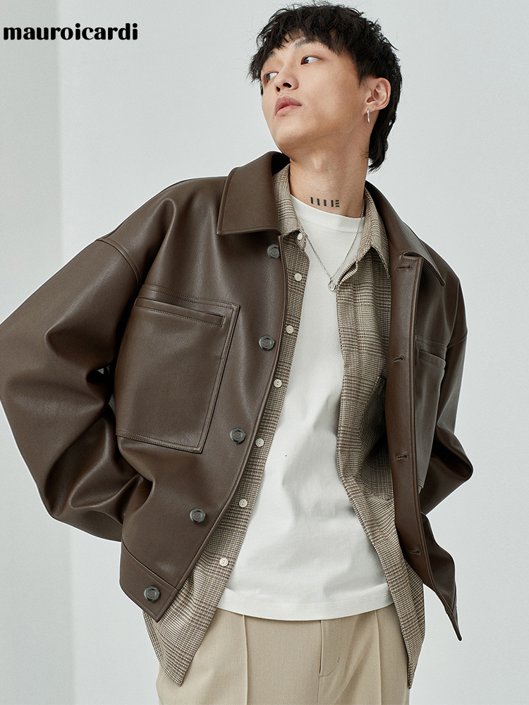 Men' Leather Faux Mauroicardi Spring Autumn Short Oversized Brown Black Soft Jackets for Men Pockets Long Sleeve Korean Fashion 221201
Men' Leather Faux Mauroicardi Spring Autumn Short Oversized Brown Black Soft Jackets for Men Pockets Long Sleeve Korean Fashion 221201