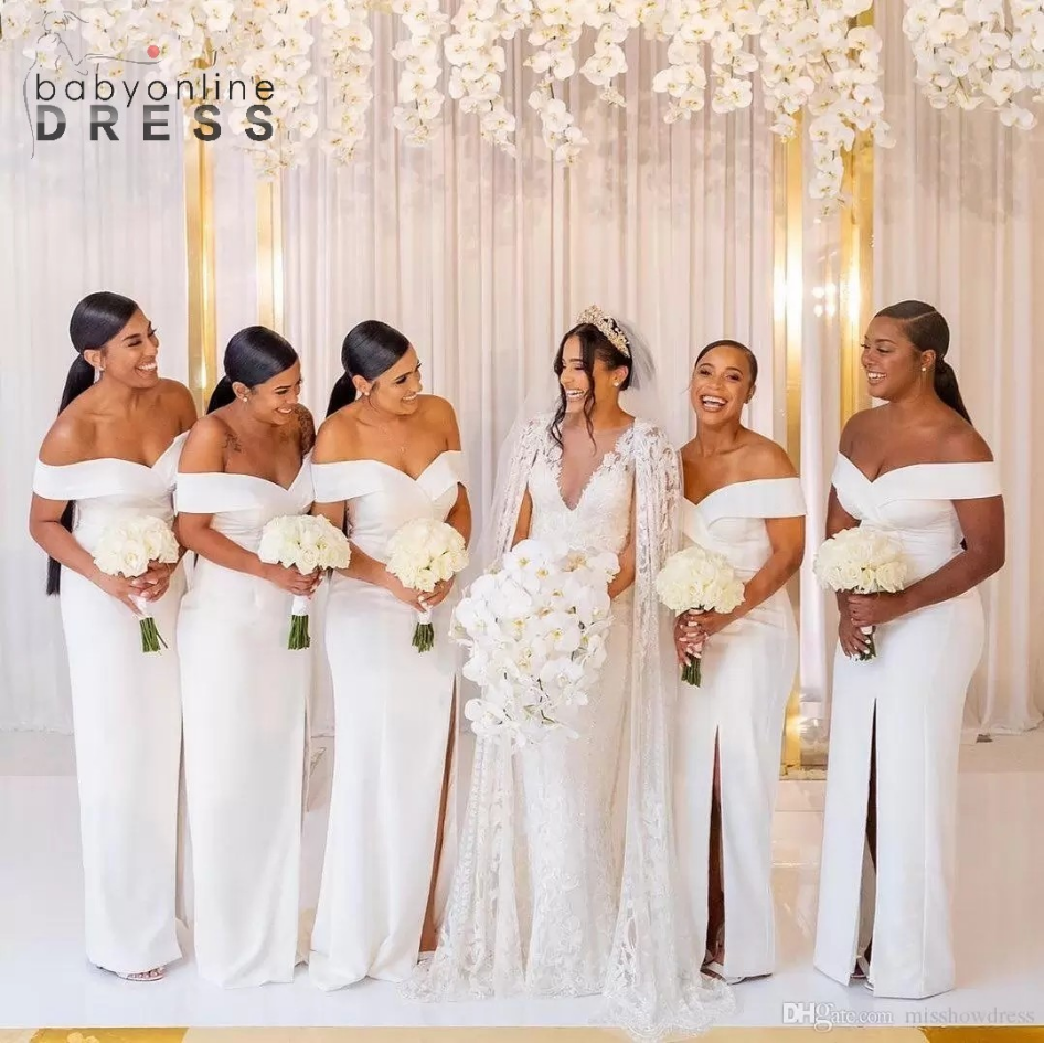 Modern White Mermaid Bridesmaid Dresses Elegant Off Shoulder Split Long Maid Of Honor Gowns BM1539 
Modern White Mermaid Bridesmaid Dresses Elegant Off Shoulder Split Long Maid Of Honor Gowns BM1539