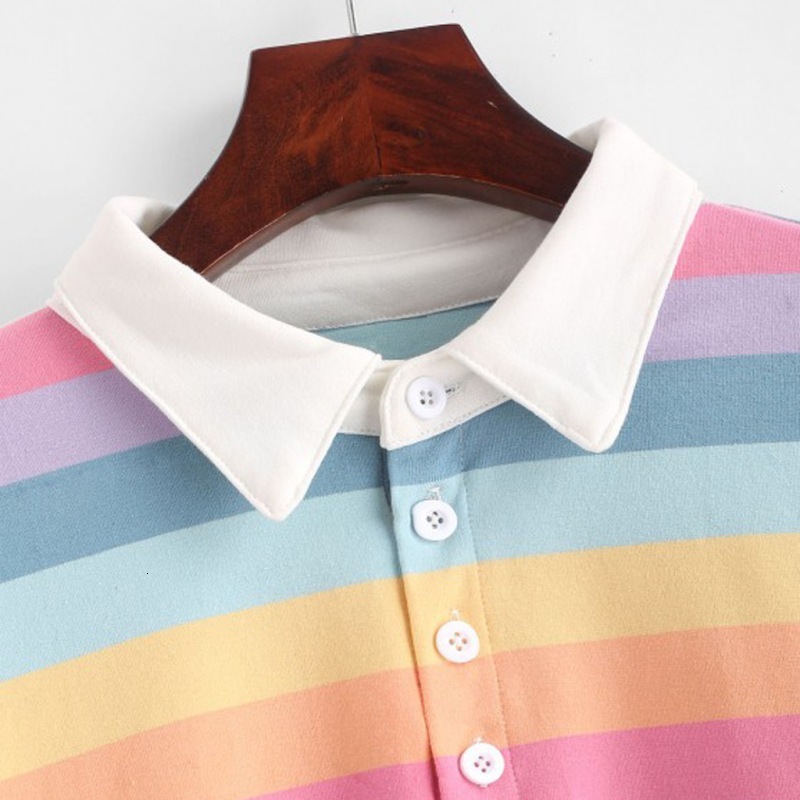 Women's Hoodies Sweatshirts Shirt Long Sleeve Rainbow Color Ladies With Button Striped Korean Style 221201