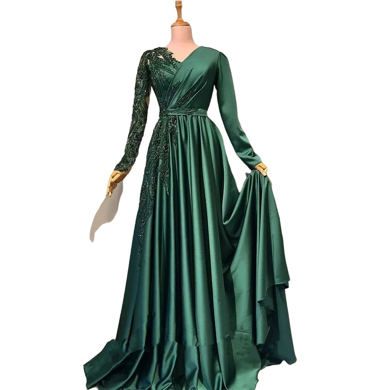 Satin Modern Beading Prom Dresses hunter green muslim Pleat Long Sleeve Made To Order Robes De SoirEe Formal evening gown