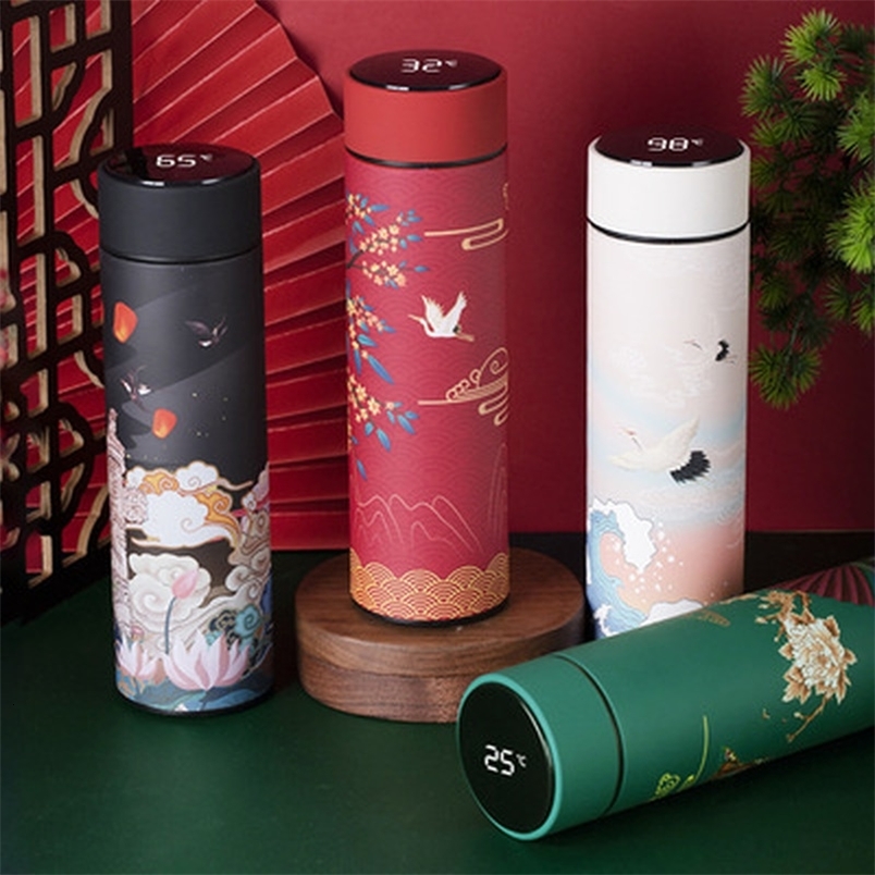 Thermoses 480ML Intelligent Stable Steel Thermos Bottle Temperature Display Water Vacuum Flares Coffee Cup Gifts Chinese Style 221202