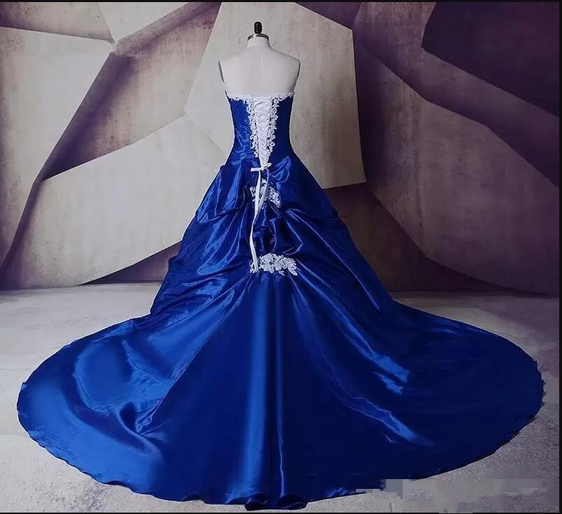 Royal Blue with White Satin a-line Wedding Dresses Vintage Applique Chapel Train Lace-up Corset Gothic Princess Bridal Gown Plus Size