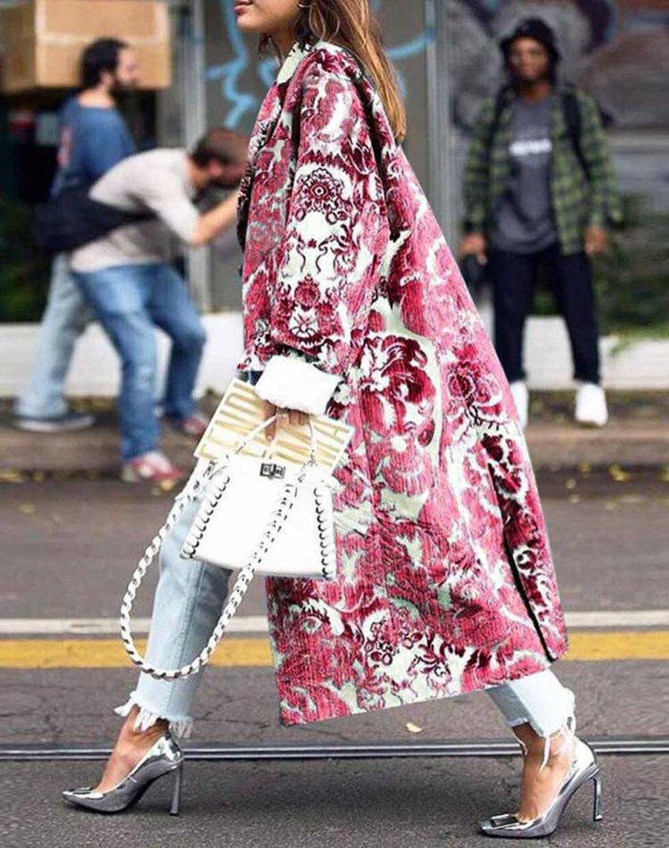 Elegant Autumn Street Lady Long Wool Cardigan Coats Fashion Floral Print Pocket Long-Sleeve Jacket 2022 Winter Women Blend Wools Coat